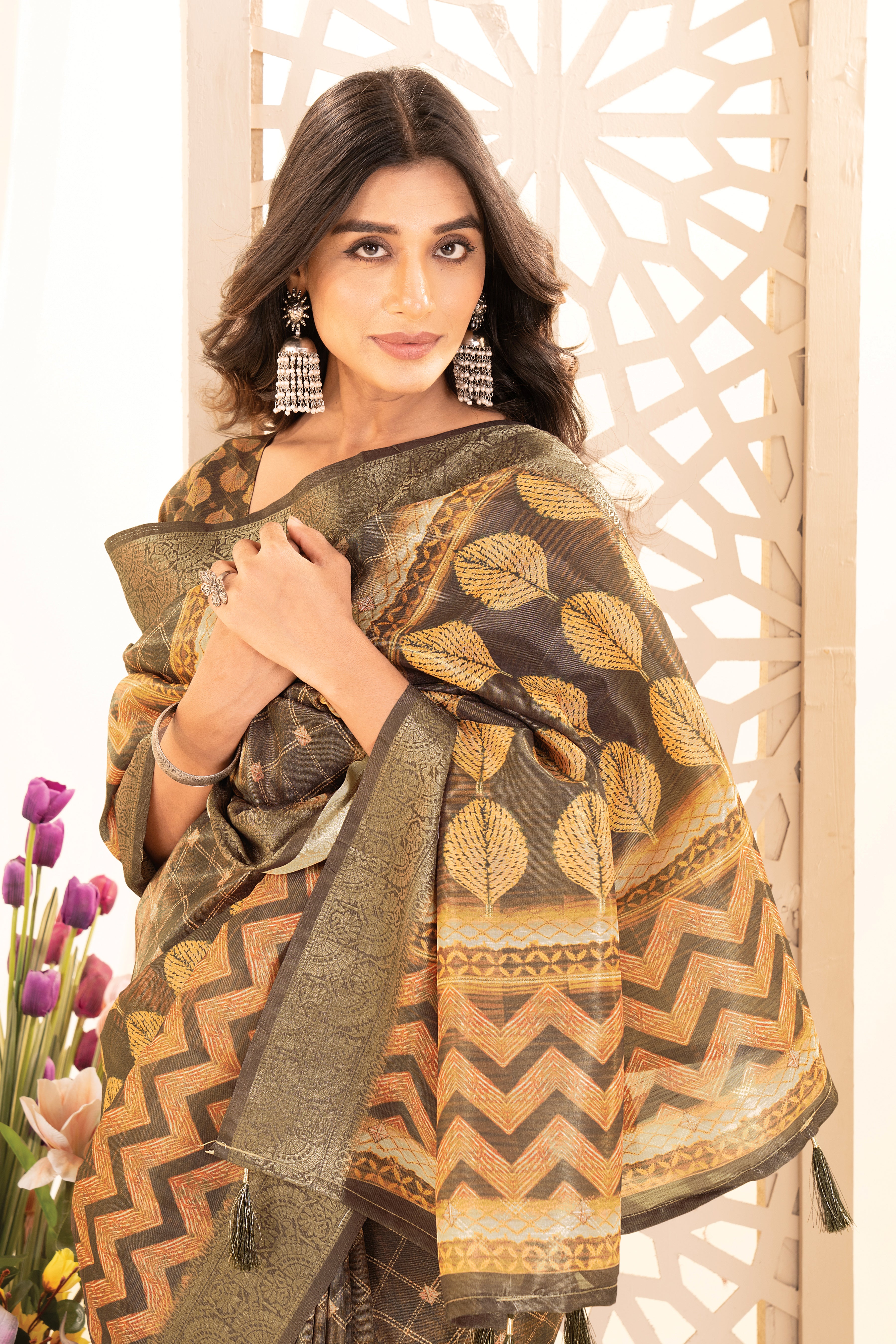 Green Orange Tussar Silk Ajrak Saree
